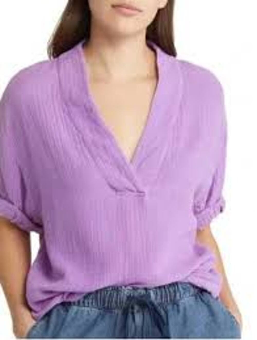 XiRENA Avery Cotton Gauzy Rolled Sleeve V-Neck Blouse Top Purple/Lilac Womens XL